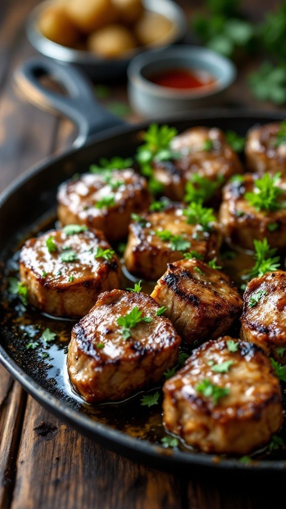 Savory Garlic Butter Steak Bites Recipe Garlic butter steak bites on a plate, garnished with parsley, on a rustic wooden table.