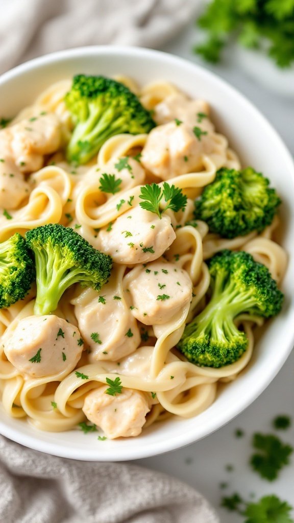 A bowl of Chicken Alfredo with Broccoli featuring fettuccine pasta, chicken pieces, and vibrant green broccoli.