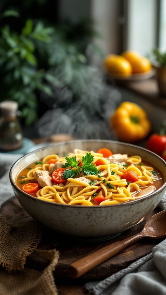 A bowl of classic chicken noodle soup with chicken, noodles, tomatoes, and parsley, set against a cozy background.