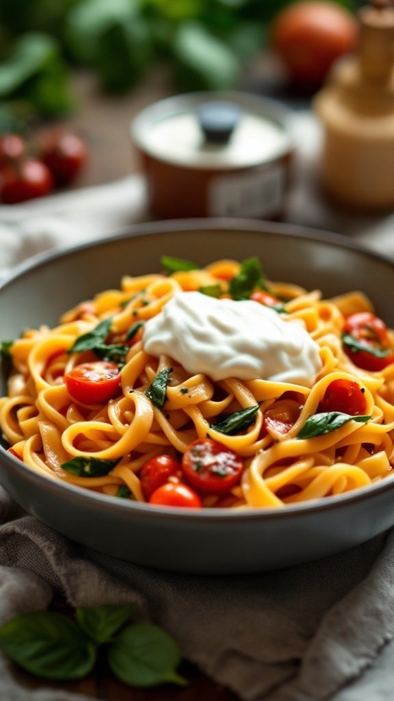 A bowl of creamy tomato and spinach pasta topped with a dollop of cream and fresh basil.