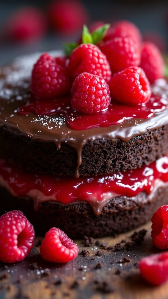 Chocolate cake with raspberry jam layer and fresh raspberries on top