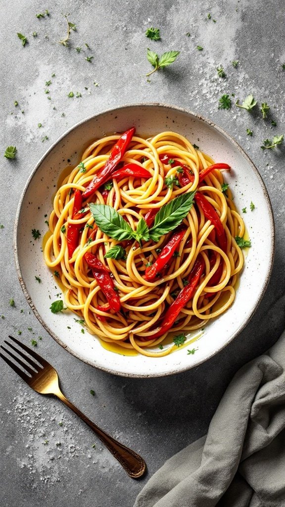 A bowl of roasted red pepper pasta topped with fresh basil and red pepper strips.