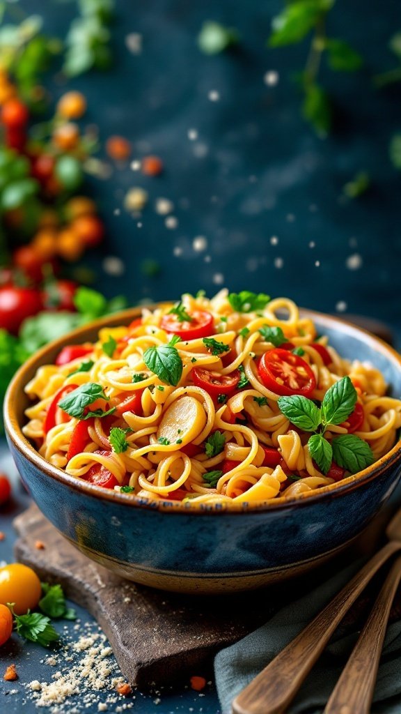 A colorful bowl of Vegetable Primavera Pasta with cherry tomatoes and fresh herbs.